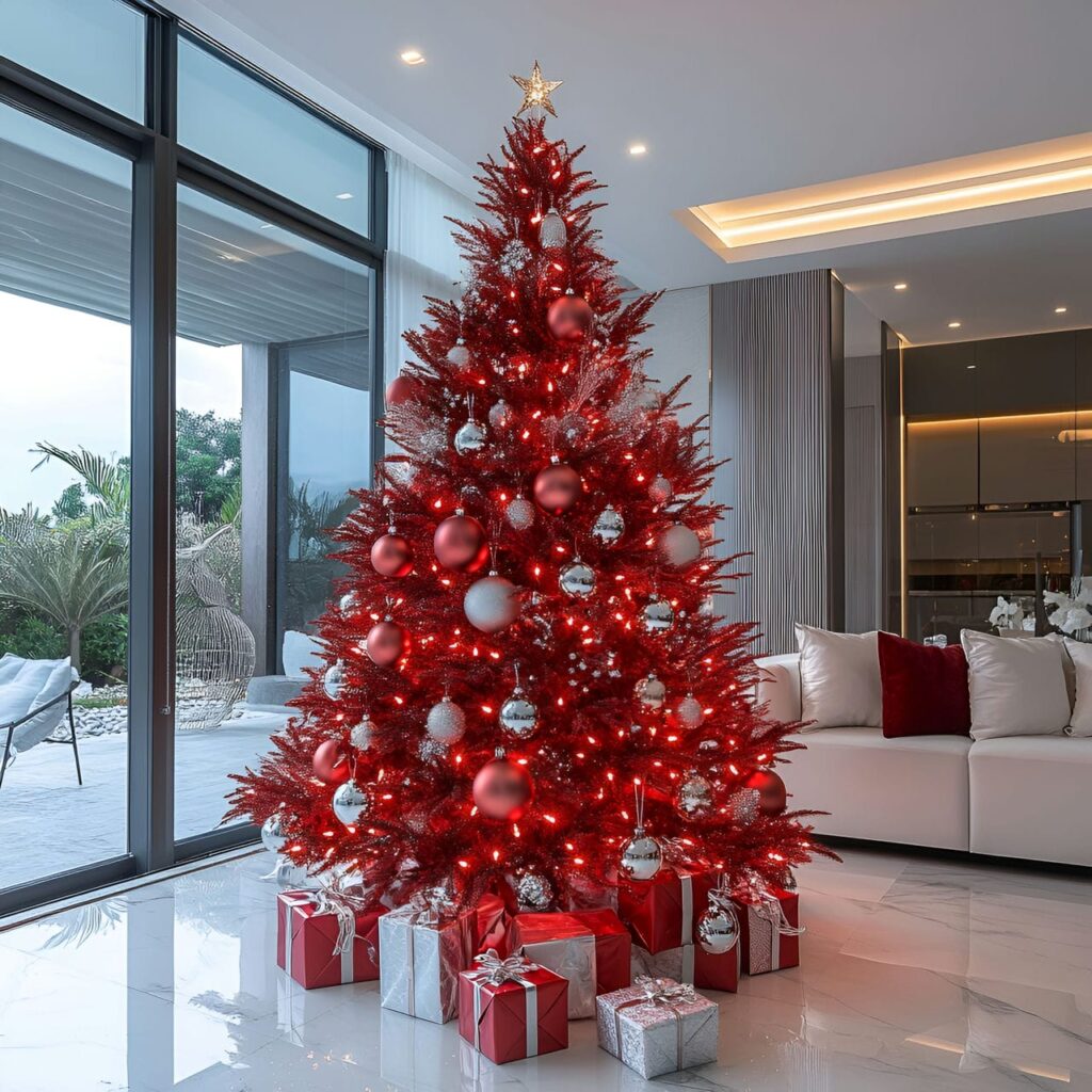 18. Modern Red Christmas Tree with Metallic Ornaments and LEDs