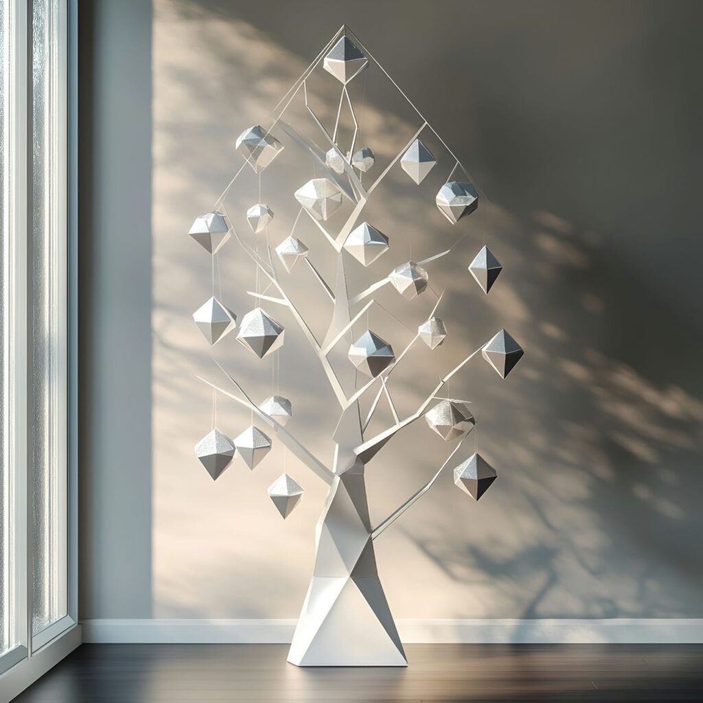 21. Modern White & Silver Tree with Minimal Geometric Design