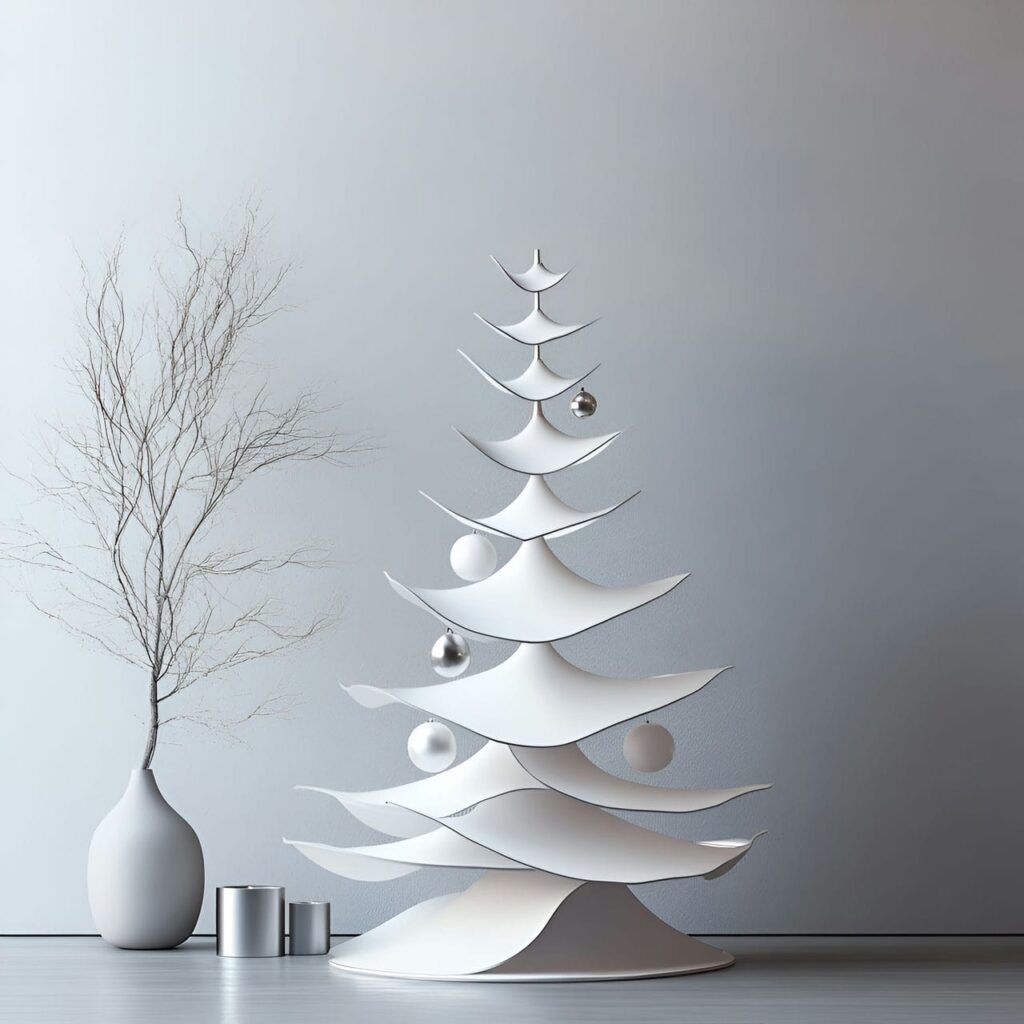 21. Modern White & Silver Tree with Minimal Geometric Design