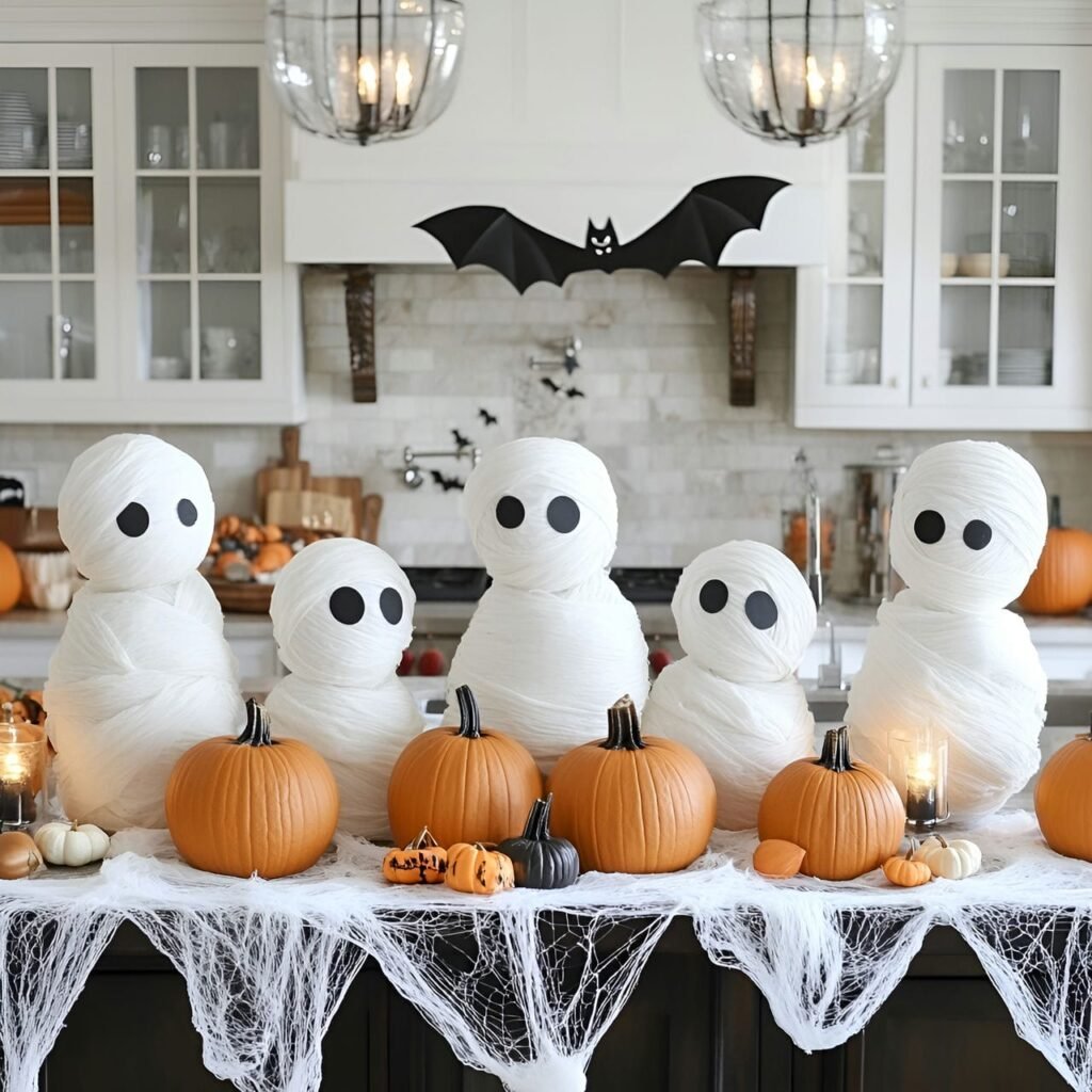 17. Mummy Ghost Display with Pumpkins and LED Candles