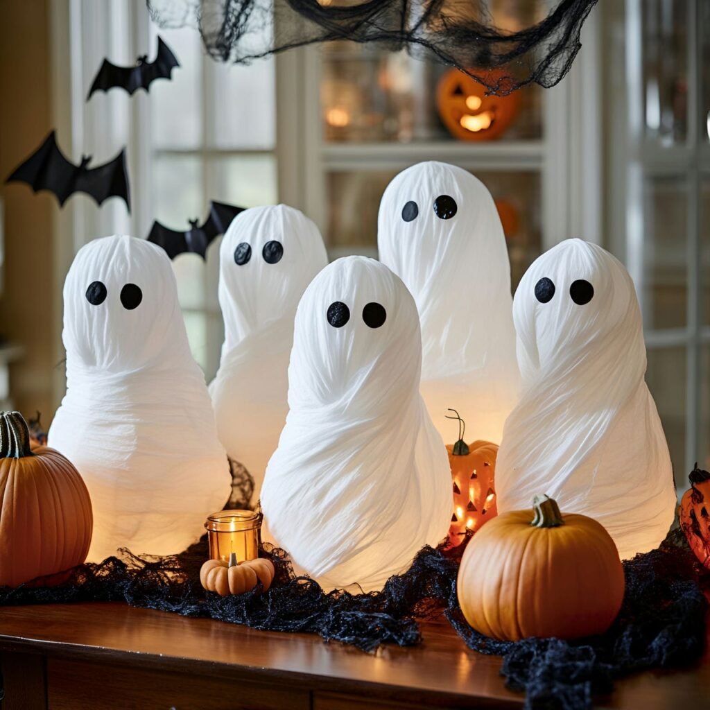 17. Mummy Ghost Display with Pumpkins and LED Candles