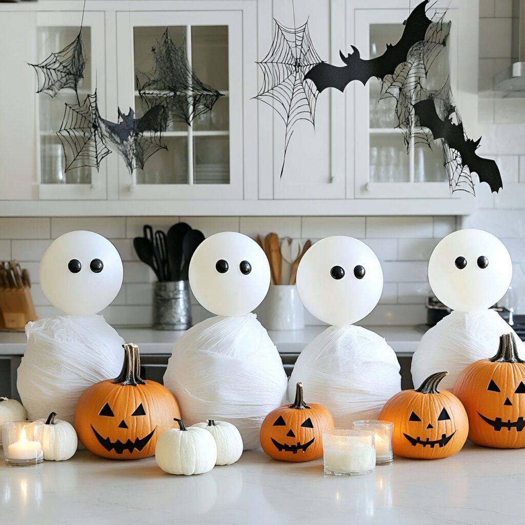 17. Mummy Ghost Display with Pumpkins and LED Candles