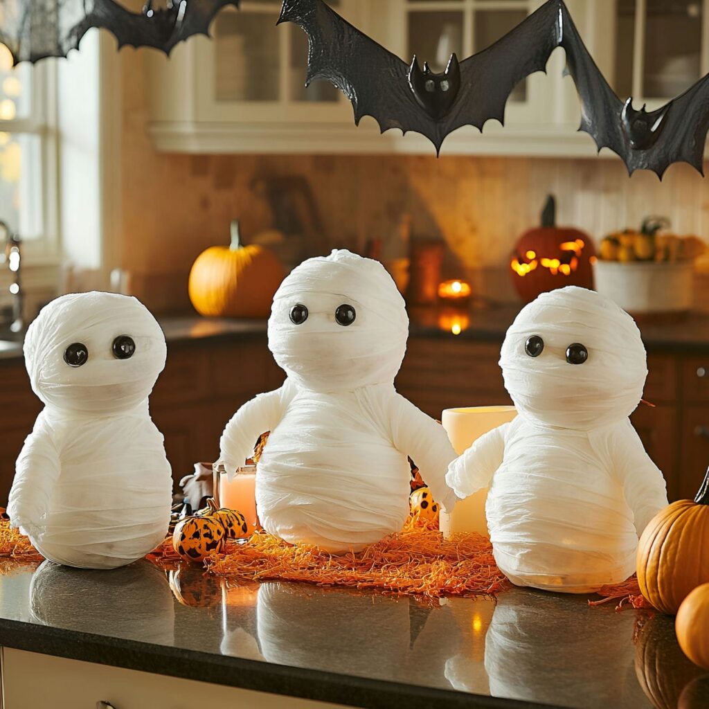 17. Mummy Ghost Display with Pumpkins and LED Candles