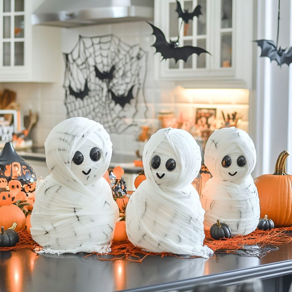 17. Mummy Ghost Display with Pumpkins and LED Candles