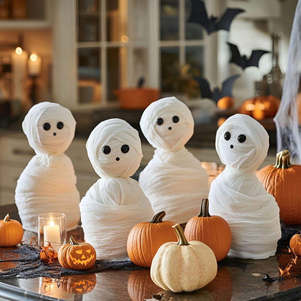 17. Mummy Ghost Display with Pumpkins and LED Candles