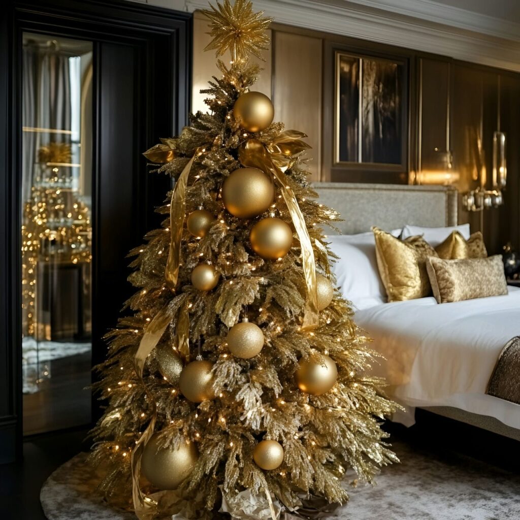 10. Opulent Gold & Glam Tree with Overflowing Ornaments