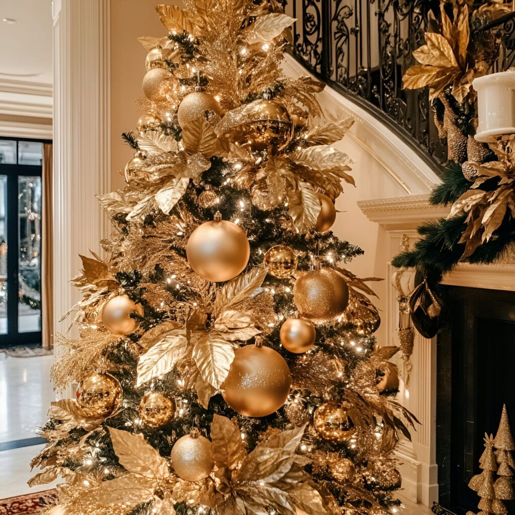 10. Opulent Gold & Glam Tree with Overflowing Ornaments