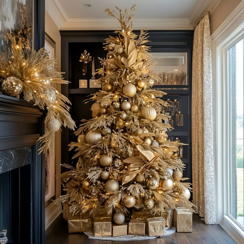 10. Opulent Gold & Glam Tree with Overflowing Ornaments