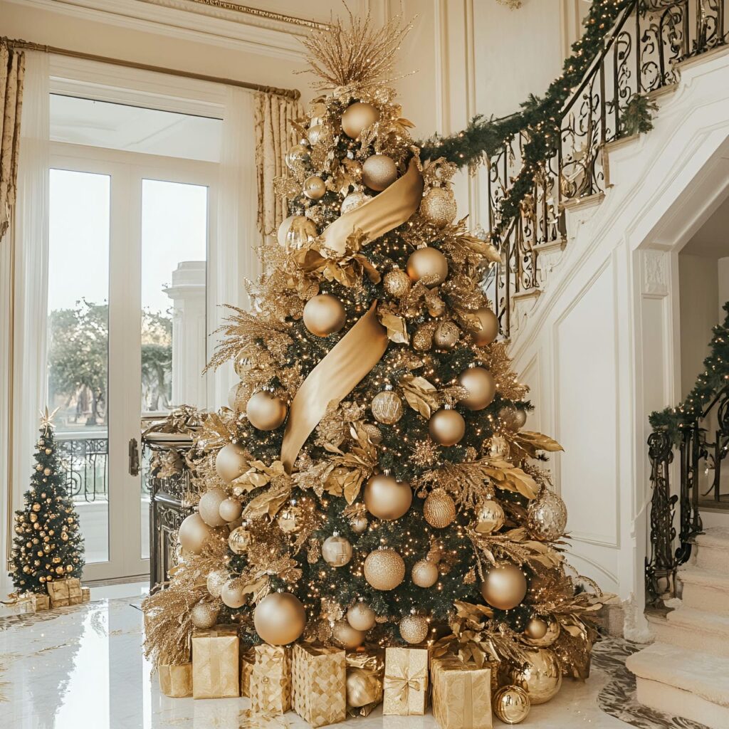 10. Opulent Gold & Glam Tree with Overflowing Ornaments