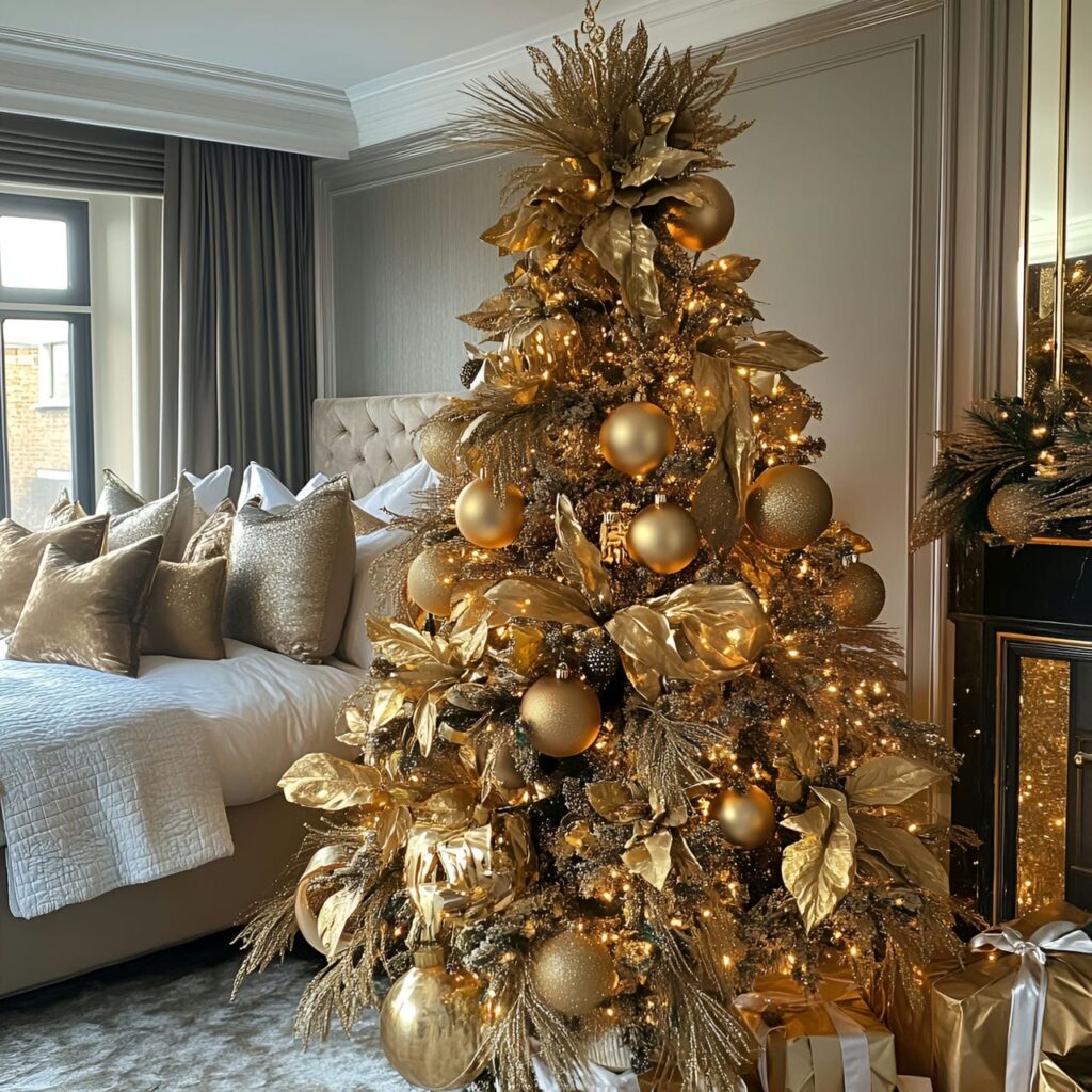 10. Opulent Gold & Glam Tree with Overflowing Ornaments