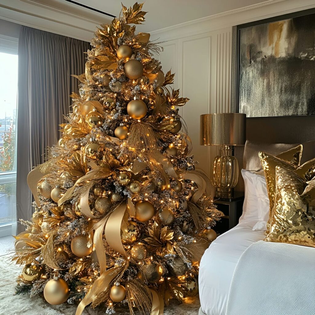 10. Opulent Gold & Glam Tree with Overflowing Ornaments