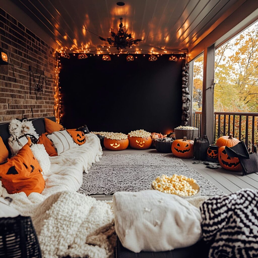 23. Outdoor Movie Night Setup with Blankets and Halloween Décor