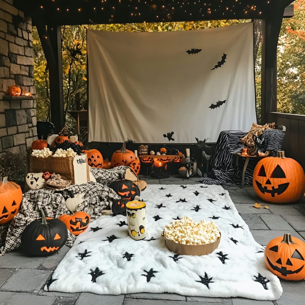 23. Outdoor Movie Night Setup with Blankets and Halloween Décor