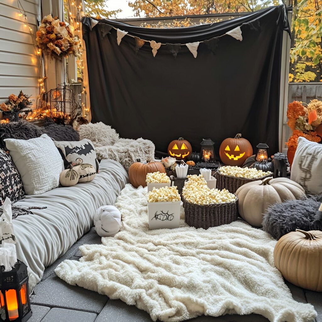 23. Outdoor Movie Night Setup with Blankets and Halloween Décor