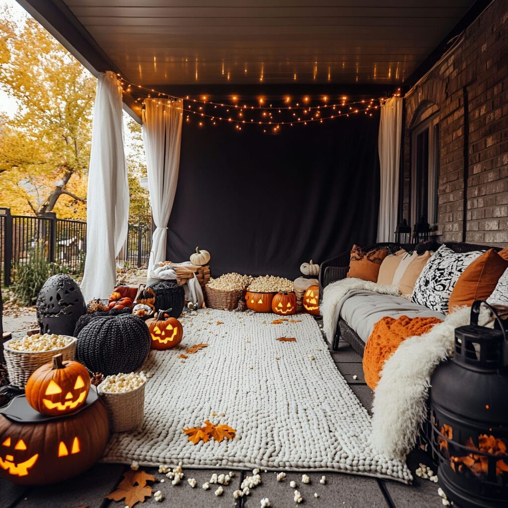 23. Outdoor Movie Night Setup with Blankets and Halloween Décor