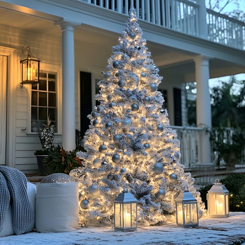 25. Outdoor Silver & White Tree with Soft Lantern Glow