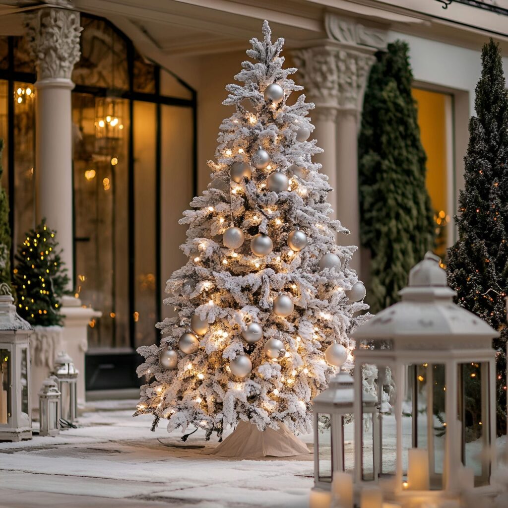 25. Outdoor Silver & White Tree with Soft Lantern Glow