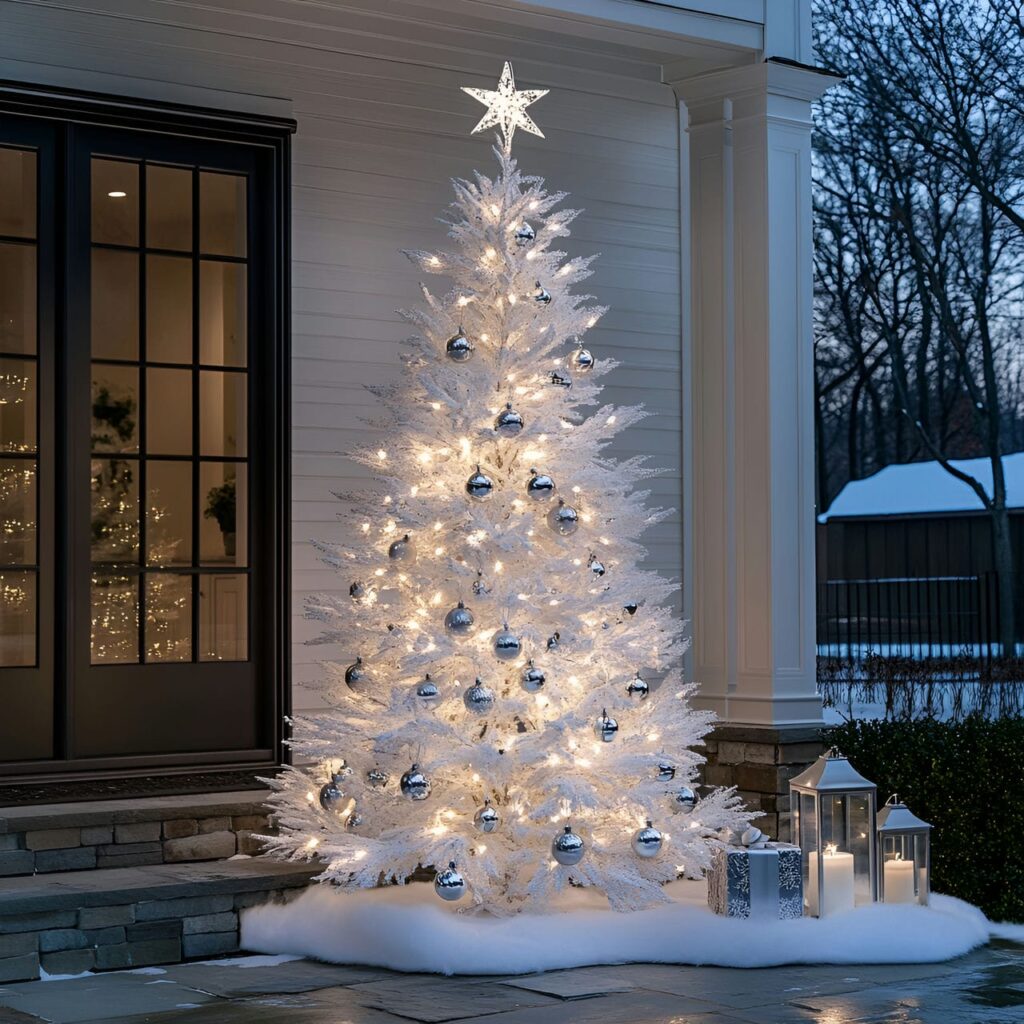 25. Outdoor Silver & White Tree with Soft Lantern Glow