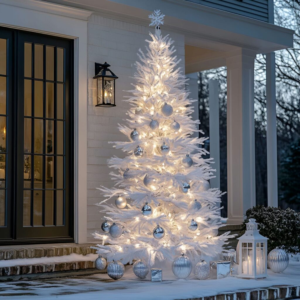 25. Outdoor Silver & White Tree with Soft Lantern Glow