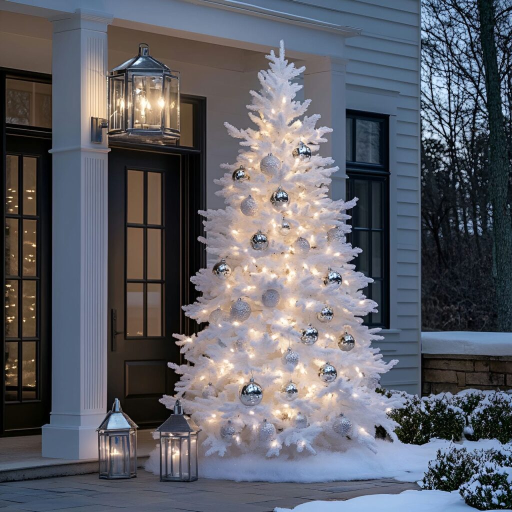 25. Outdoor Silver & White Tree with Soft Lantern Glow