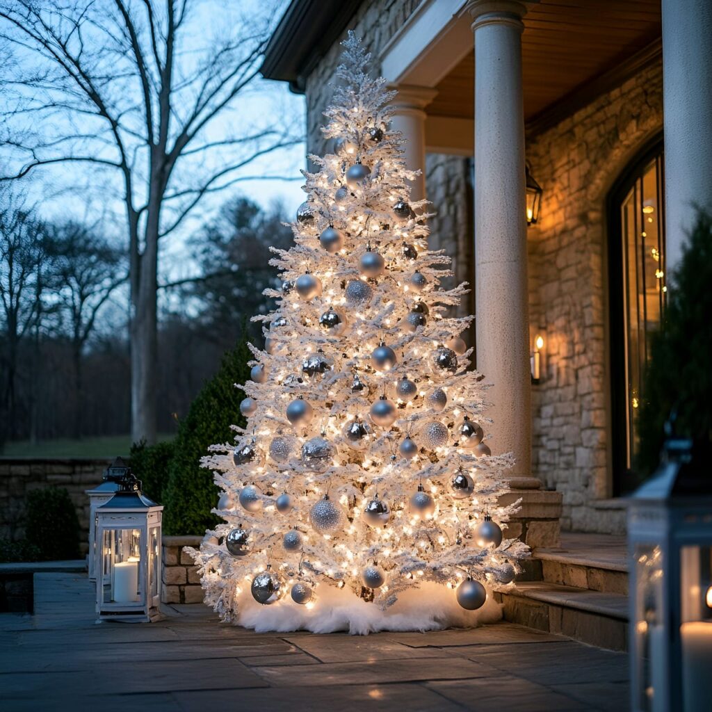 25. Outdoor Silver & White Tree with Soft Lantern Glow