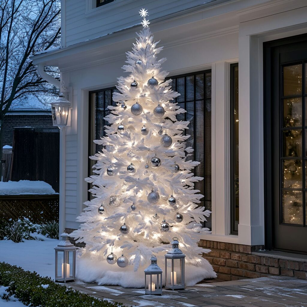 25. Outdoor Silver & White Tree with Soft Lantern Glow