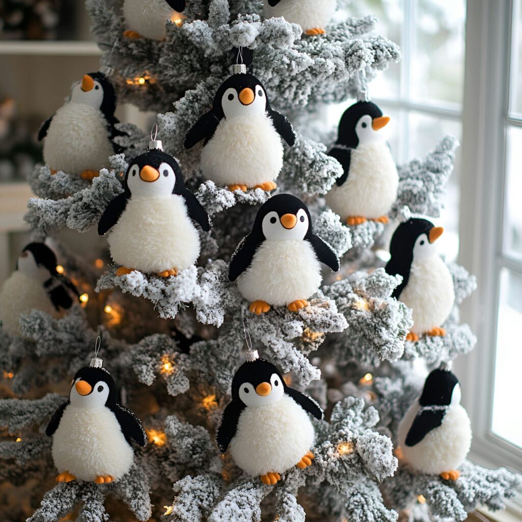 11. Playful Penguin Party Tree With Snowball Garlands and Penguins