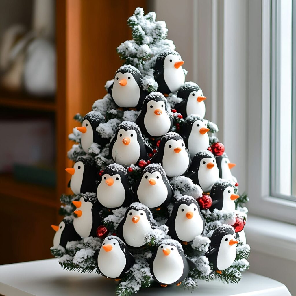 11. Playful Penguin Party Tree With Snowball Garlands and Penguins