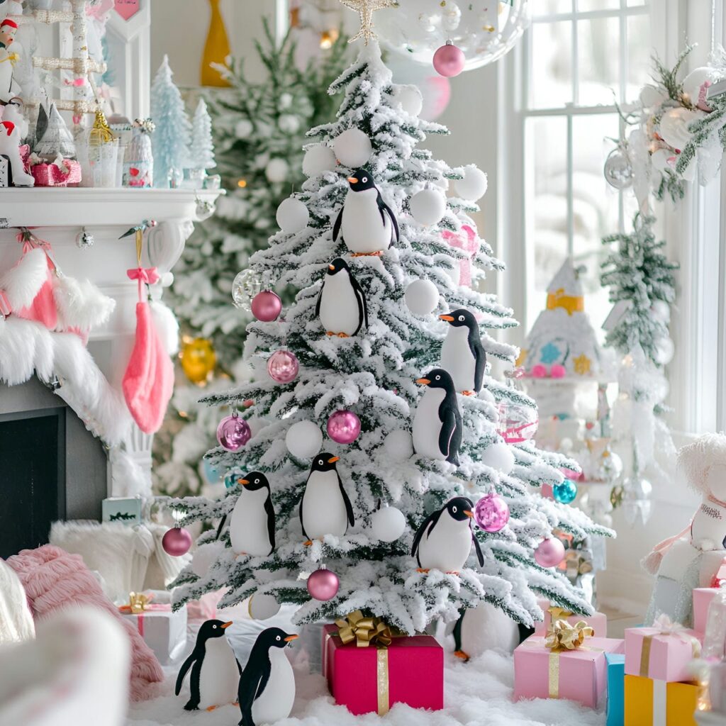 11. Playful Penguin Party Tree With Snowball Garlands and Penguins