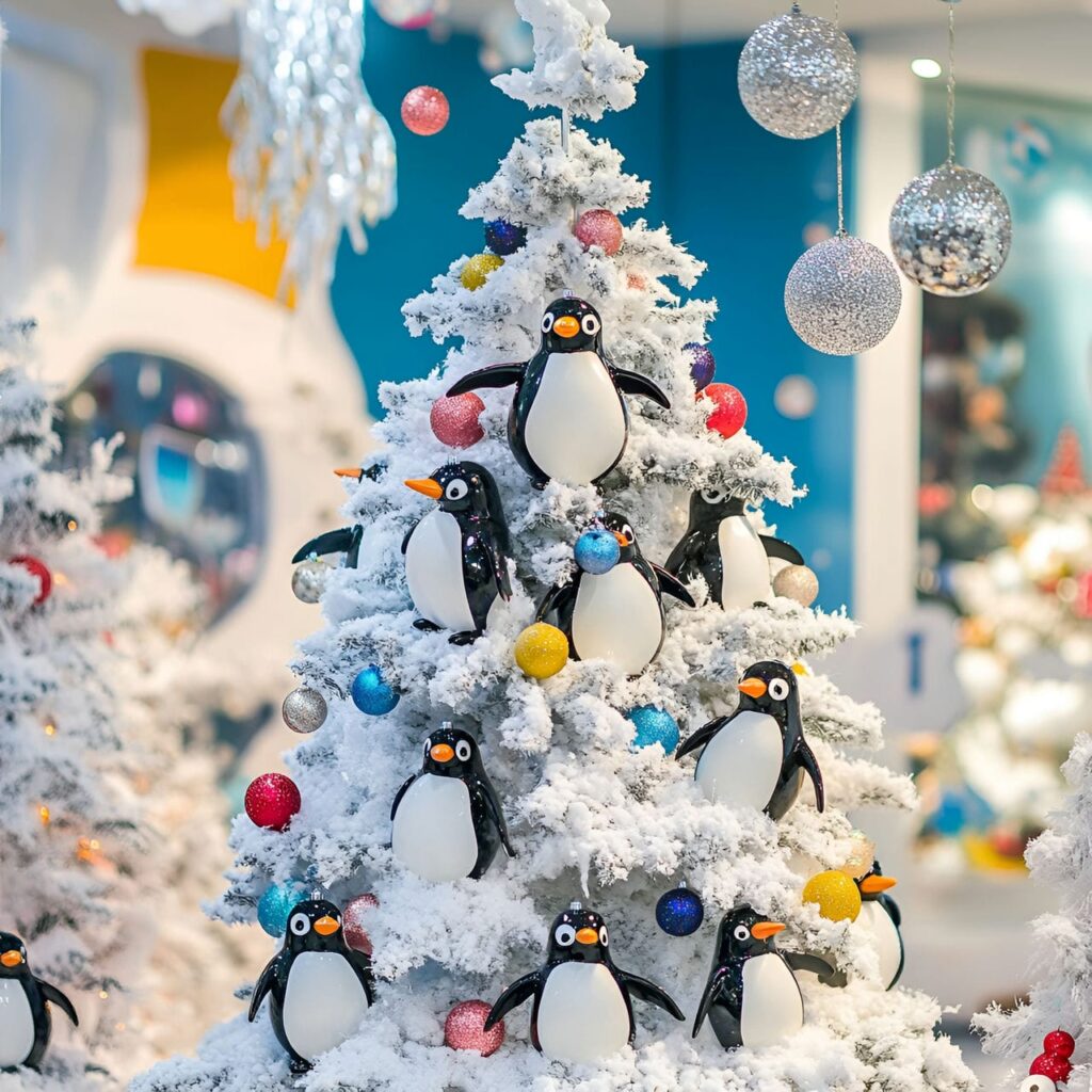 11. Playful Penguin Party Tree With Snowball Garlands and Penguins