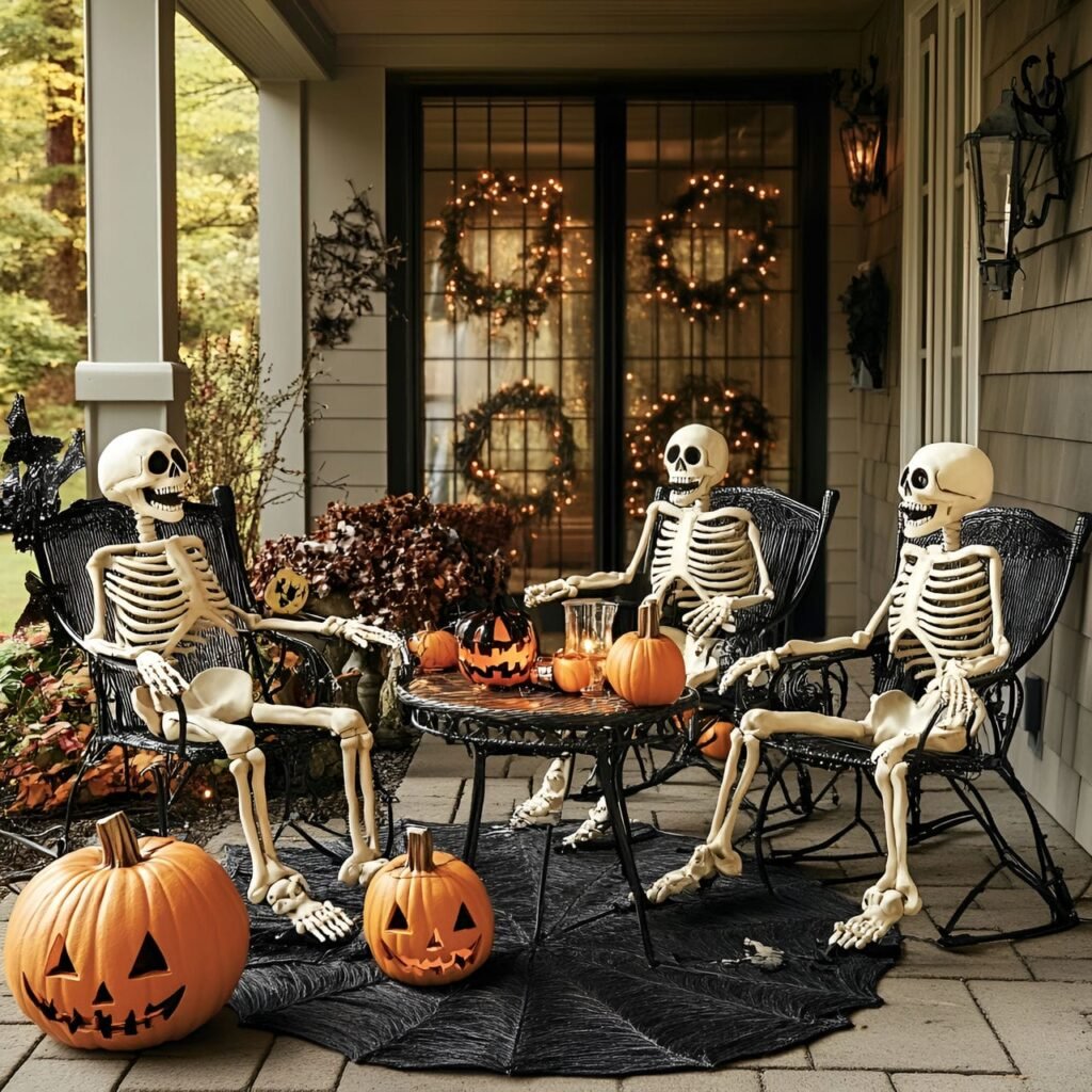 24. Playful Skeleton Décor with Engaging Poses Around Patio