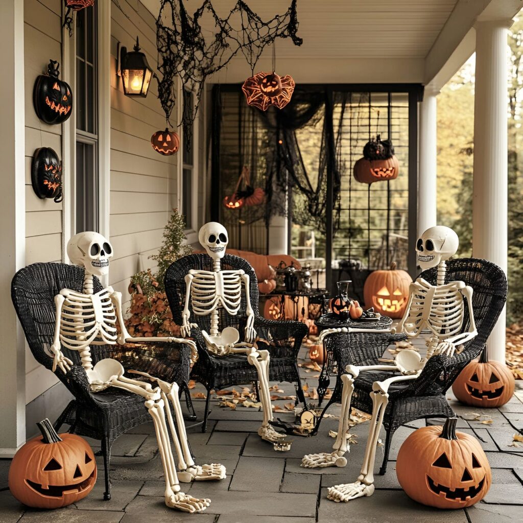 24. Playful Skeleton Décor with Engaging Poses Around Patio