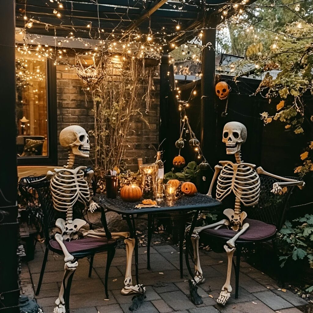 24. Playful Skeleton Décor with Engaging Poses Around Patio