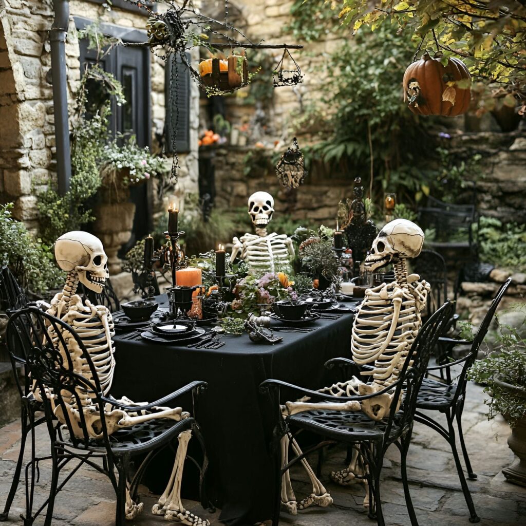 24. Playful Skeleton Décor with Engaging Poses Around Patio