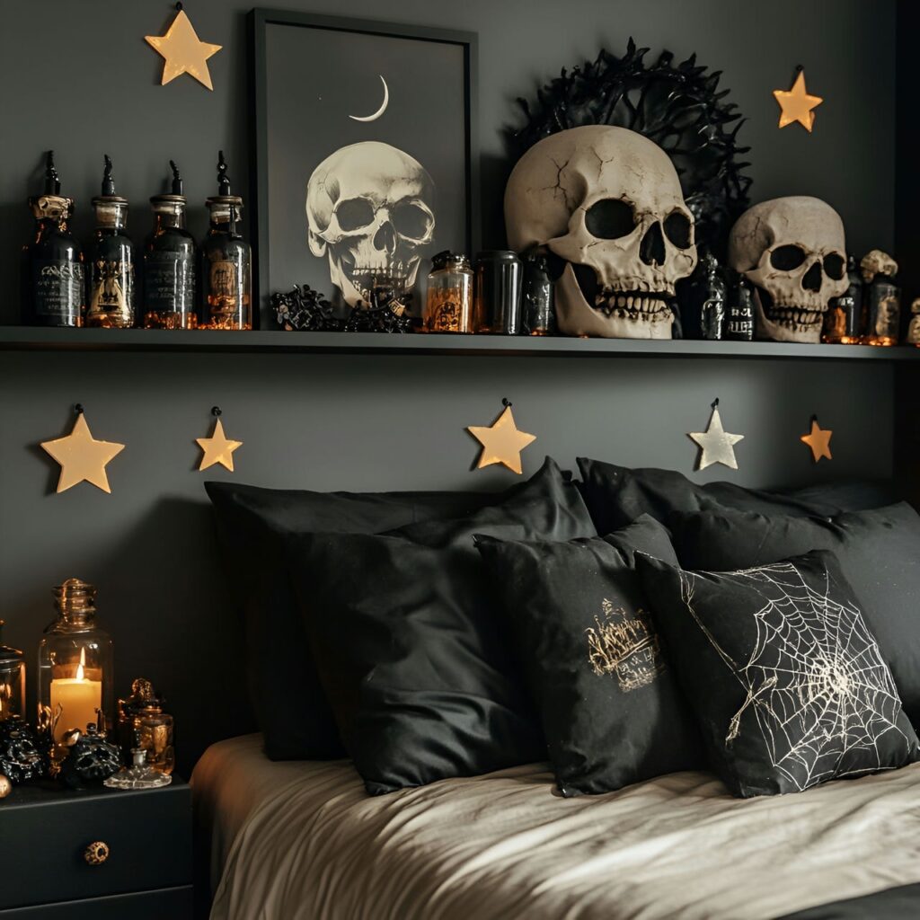 20. Potion Bottles and Skulls on Shelves with Witchy Display