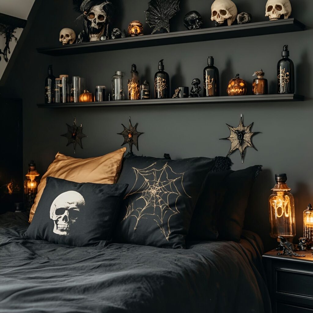 20. Potion Bottles and Skulls on Shelves with Witchy Display