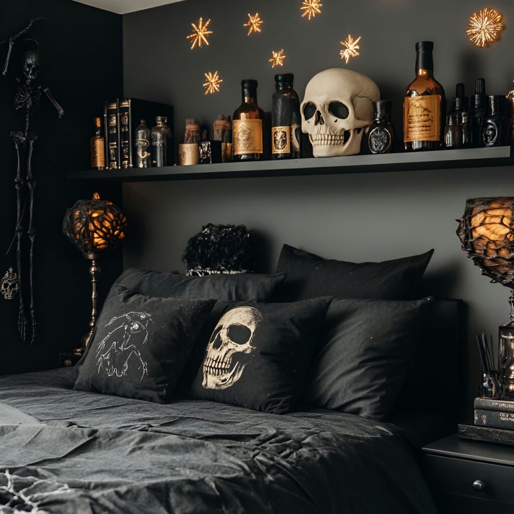 20. Potion Bottles and Skulls on Shelves with Witchy Display