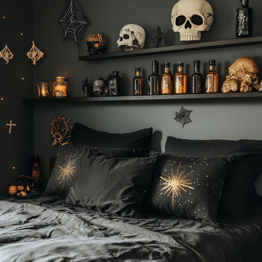 20. Potion Bottles and Skulls on Shelves with Witchy Display