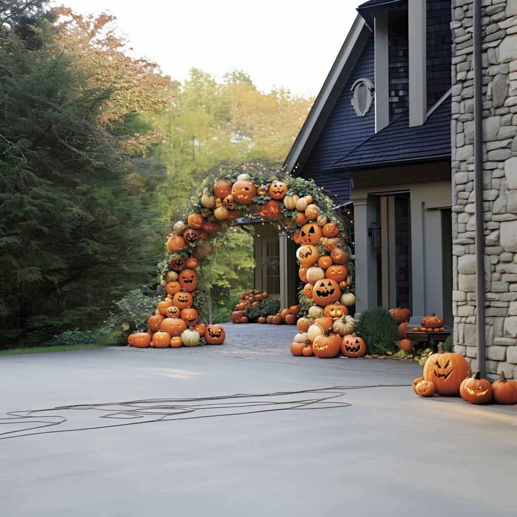 06. Pumpkin Archway Entrance with Carved Faces and Fairy Lights