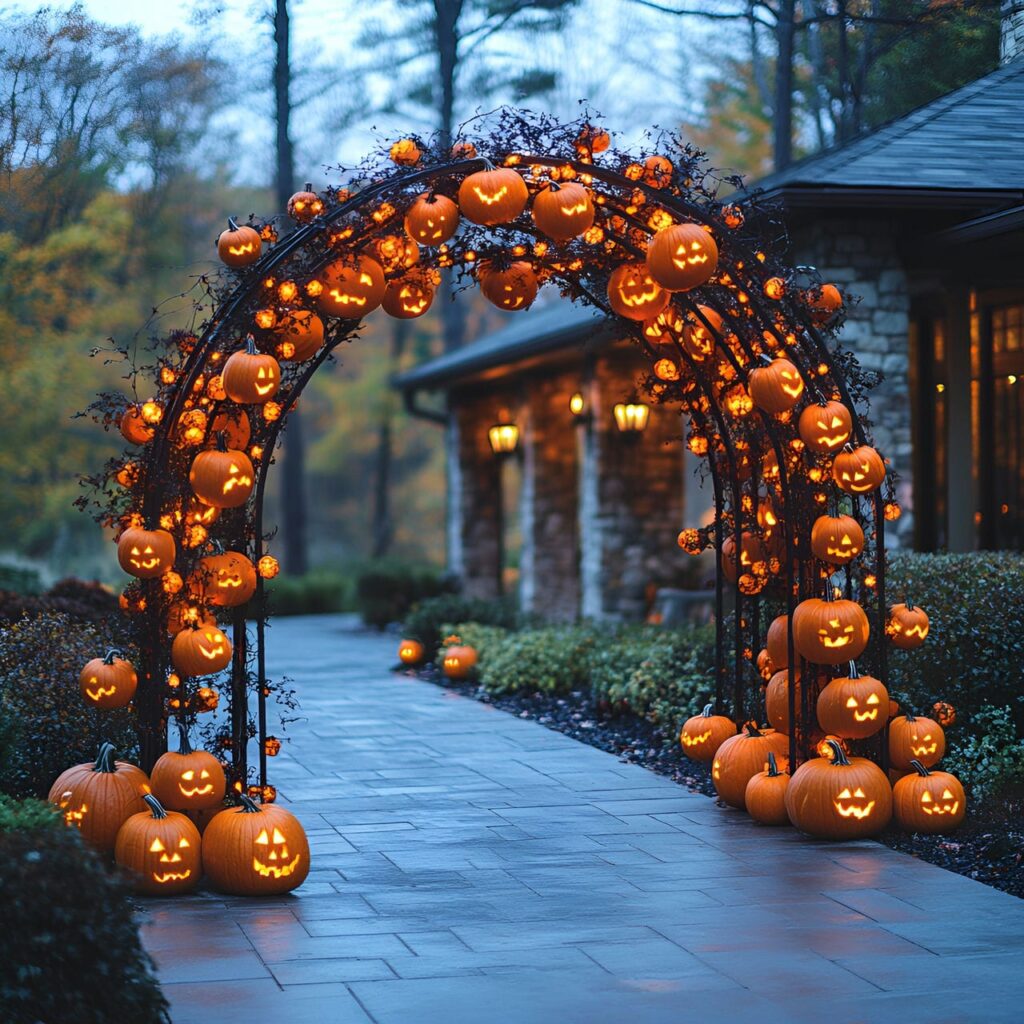 06. Pumpkin Archway Entrance with Carved Faces and Fairy Lights