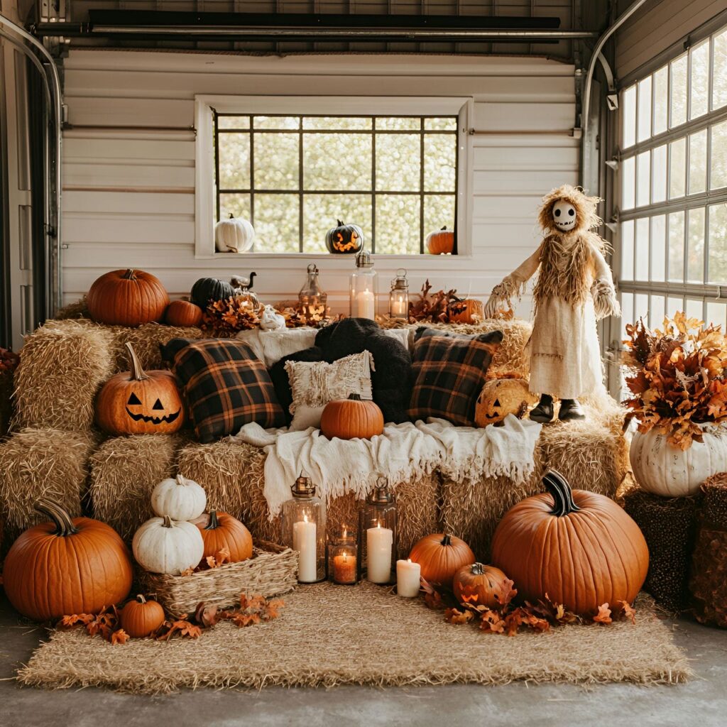 19. Pumpkin Patch Garage with Twisted Faces and Scarecrows