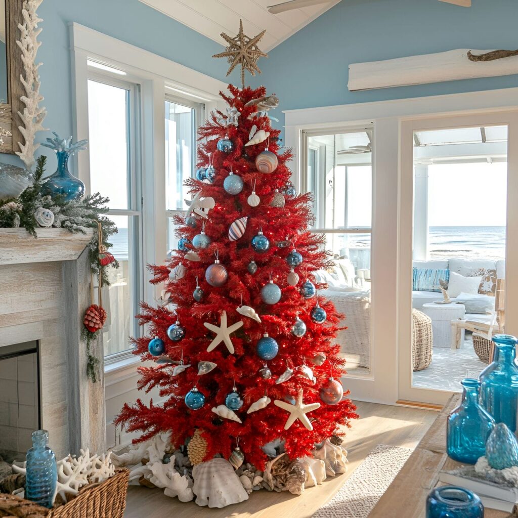 11. Red and Blue Nautical Christmas Tree with Seashell Garlands