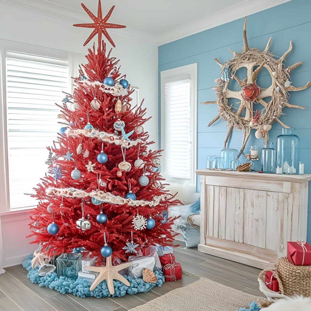 11. Red and Blue Nautical Christmas Tree with Seashell Garlands