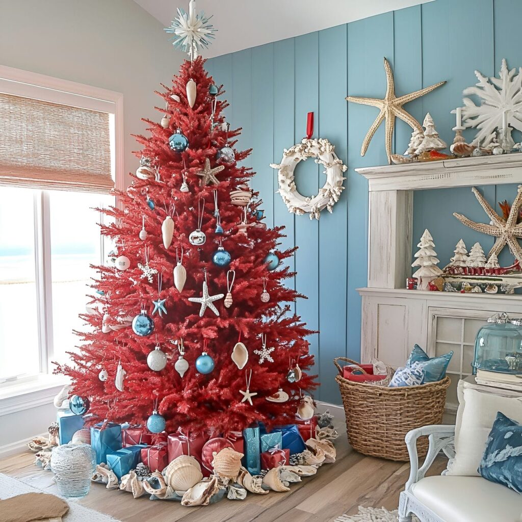 11. Red and Blue Nautical Christmas Tree with Seashell Garlands