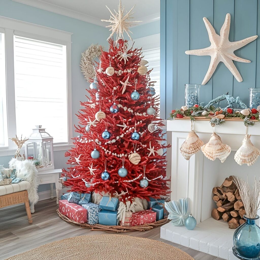 11. Red and Blue Nautical Christmas Tree with Seashell Garlands