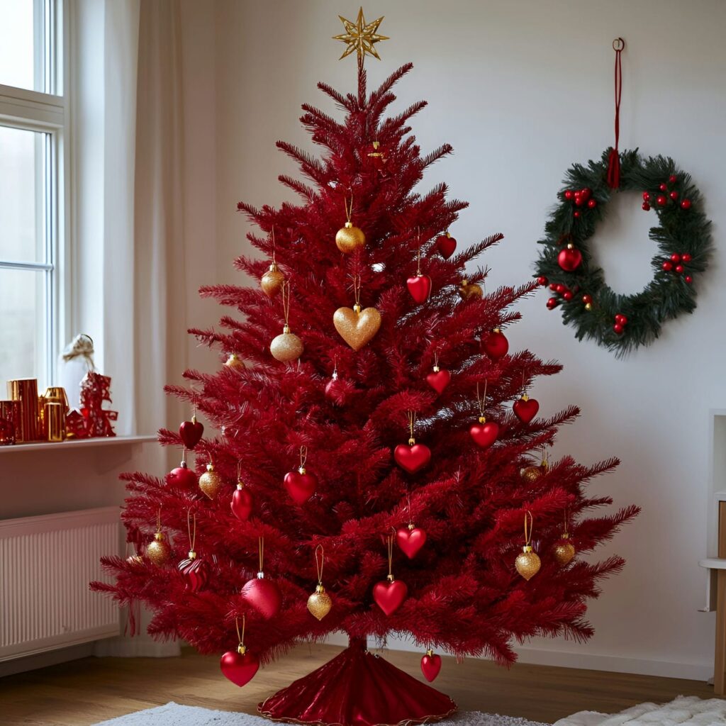 15. Red Hearts and Golden Bell Ornament Tree with White Garlands