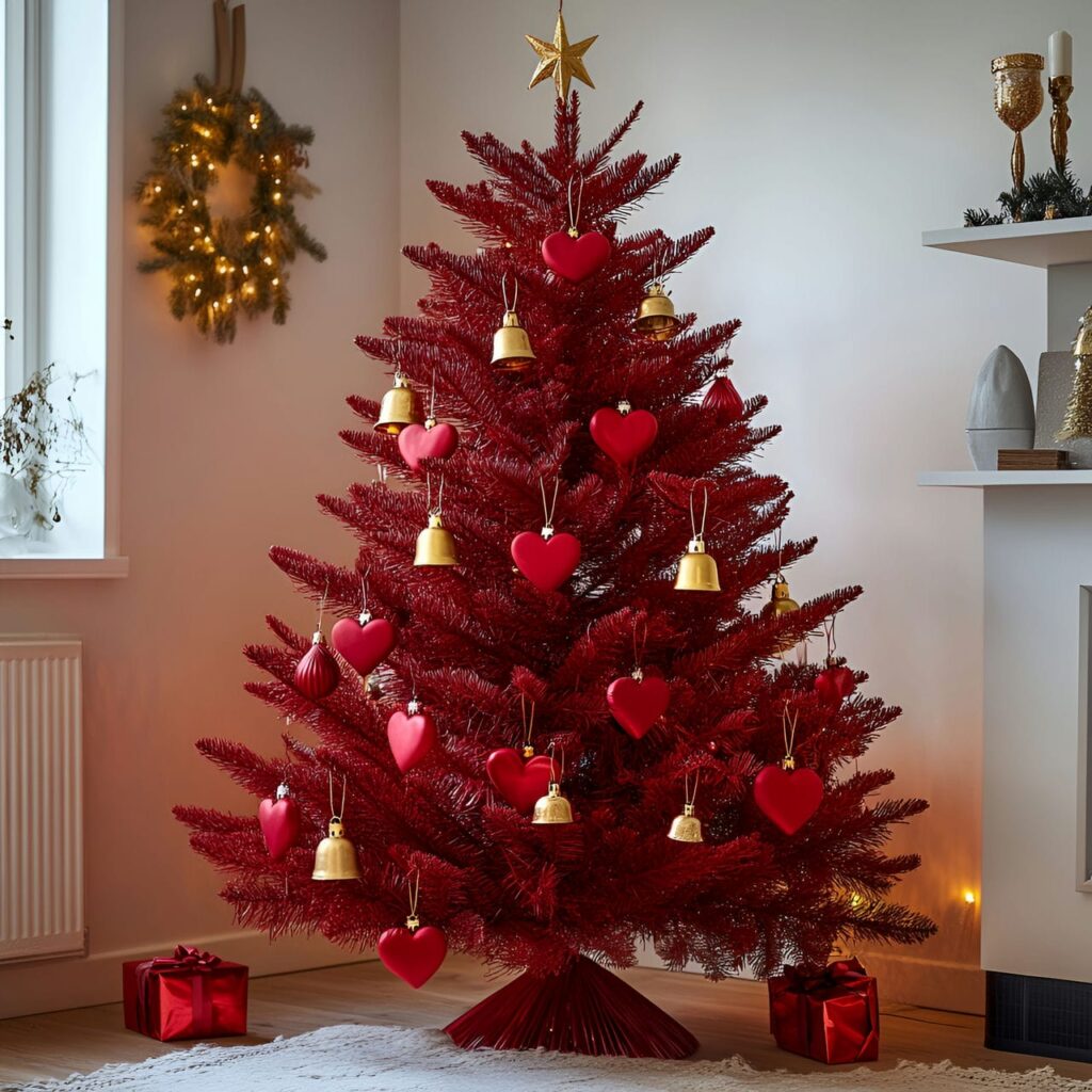 15. Red Hearts and Golden Bell Ornament Tree with White Garlands