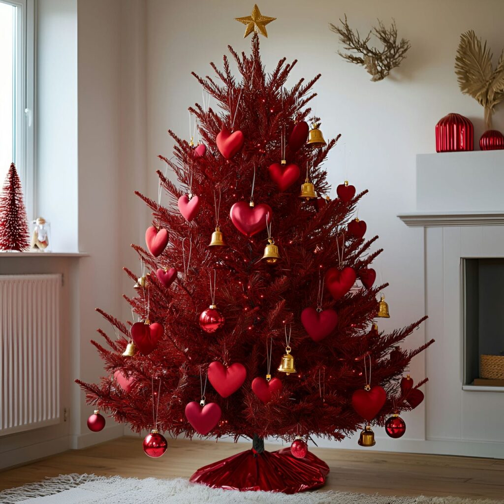 15. Red Hearts and Golden Bell Ornament Tree with White Garlands