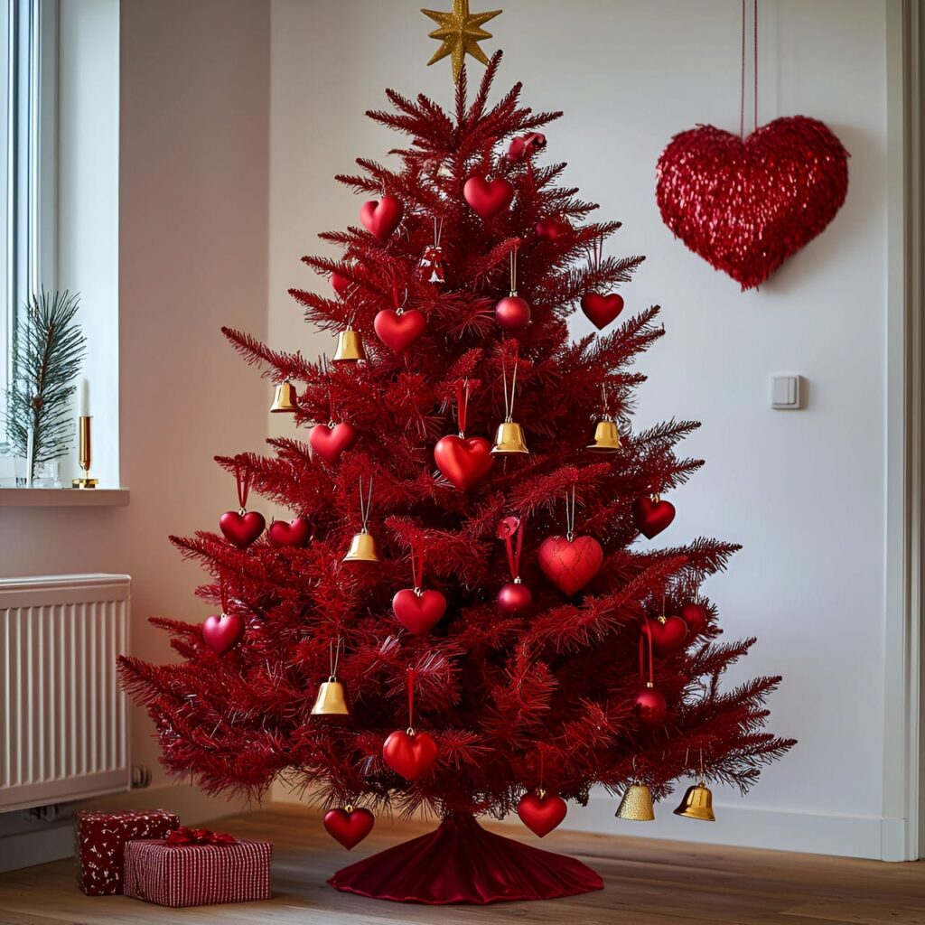 15. Red Hearts and Golden Bell Ornament Tree with White Garlands