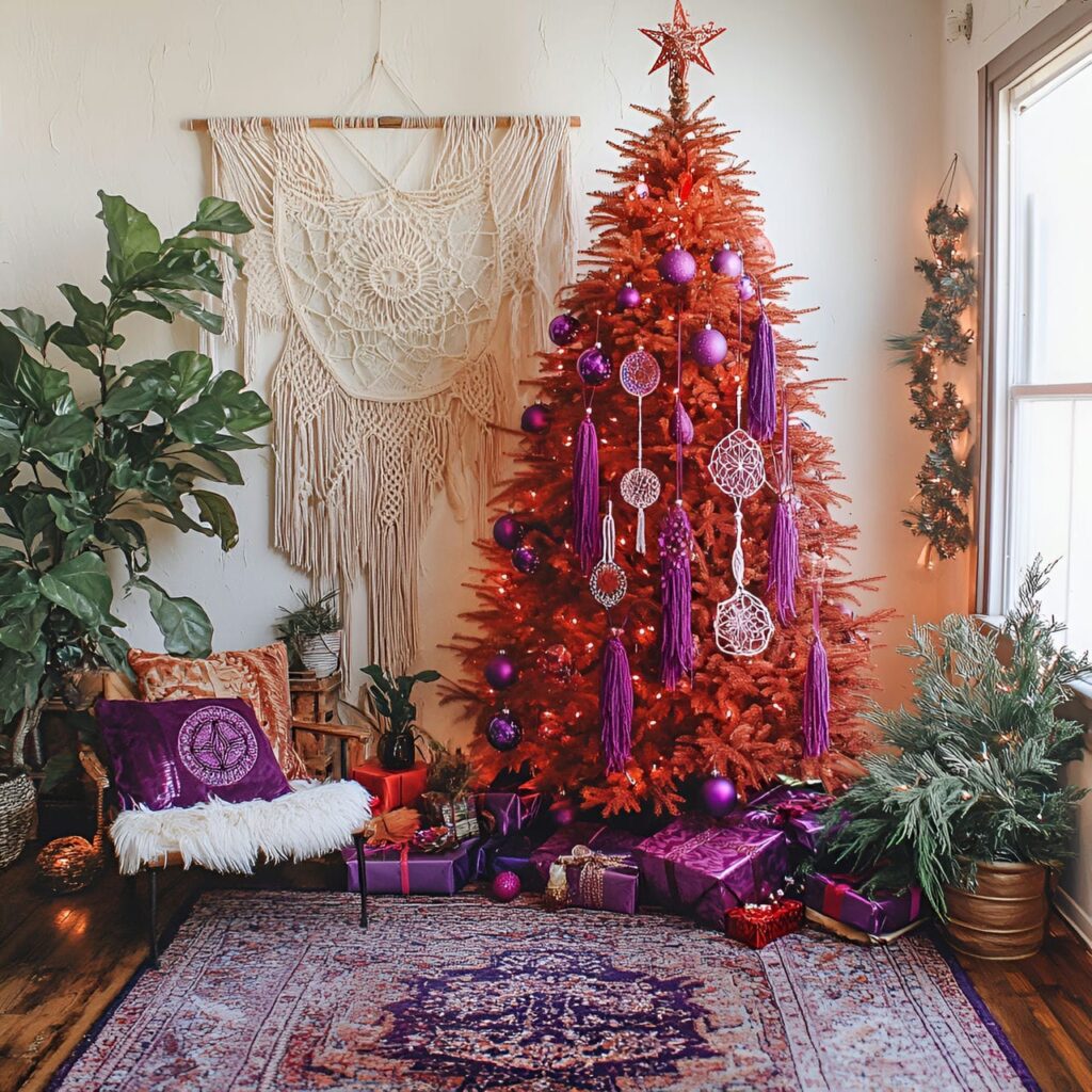 12. Red and Purple Bohemian Dreamcatcher Tree with Macramé Décor